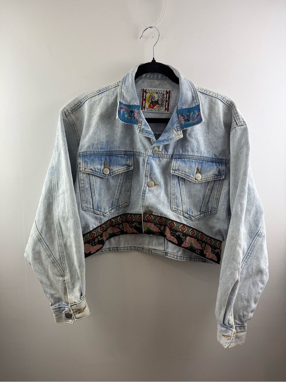 Vintage Joujou Butterfly Embroidered Cropped Denim Jacket Western Acid Wash 90s